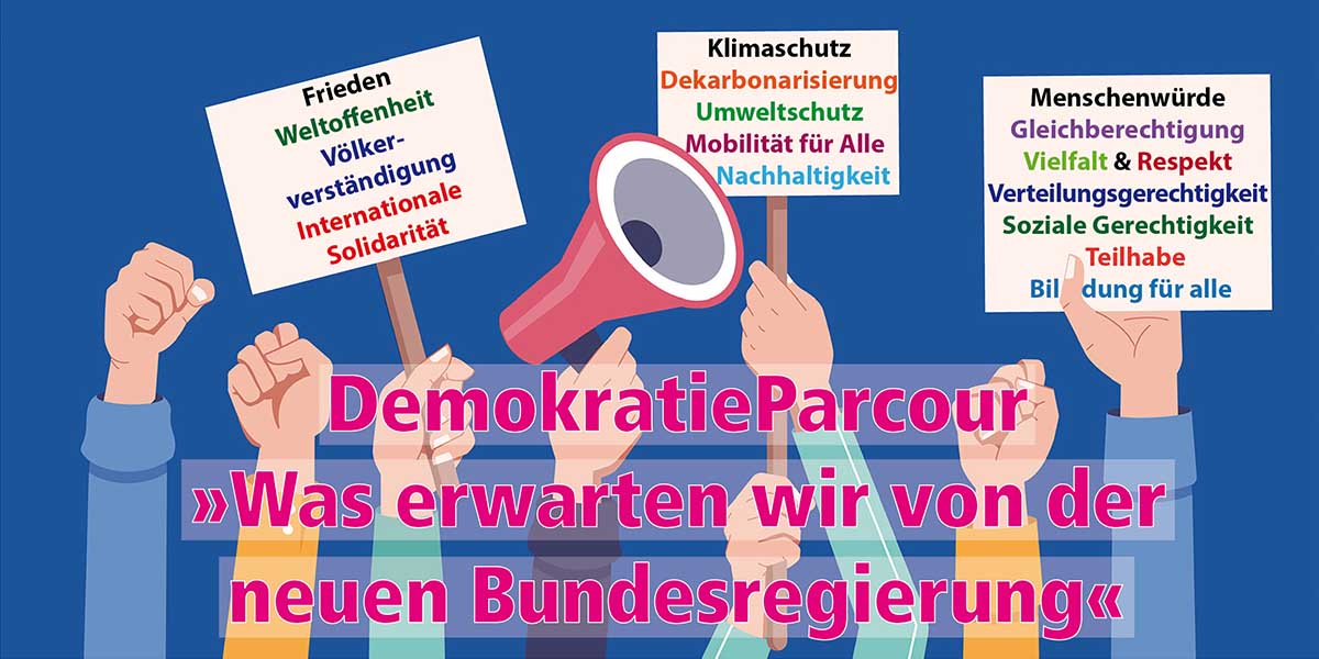 DemokratieParcour und Menschenkette am 08.02.2025 vor dem Herkules Center/ Bahnhofstraße